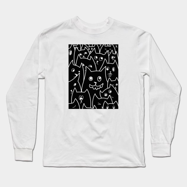 Qute Cartoon Cat Doodle / Cats Line Art Long Sleeve T-Shirt by Print Art Station